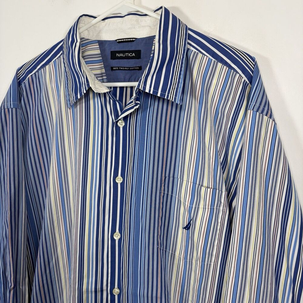 Nautica Button Up Shirt Mens Size XXL 2XL Colorful Vertical Striped Long Sleeve